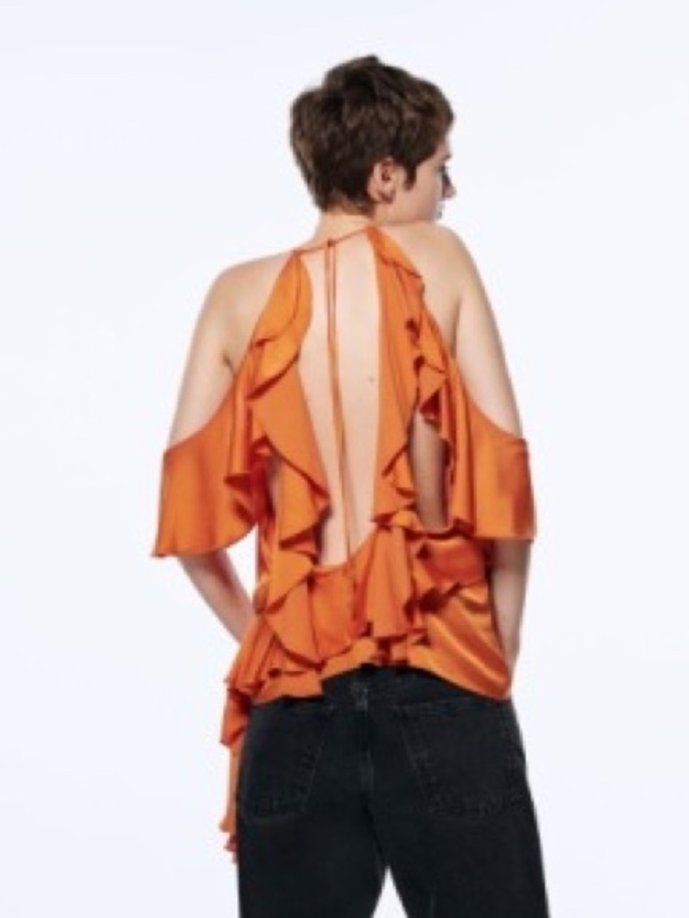 Zara Limited Edition Burnt Orange ruffle Open Back Asymmetrical Blouse, size M - Picture 4 of 15